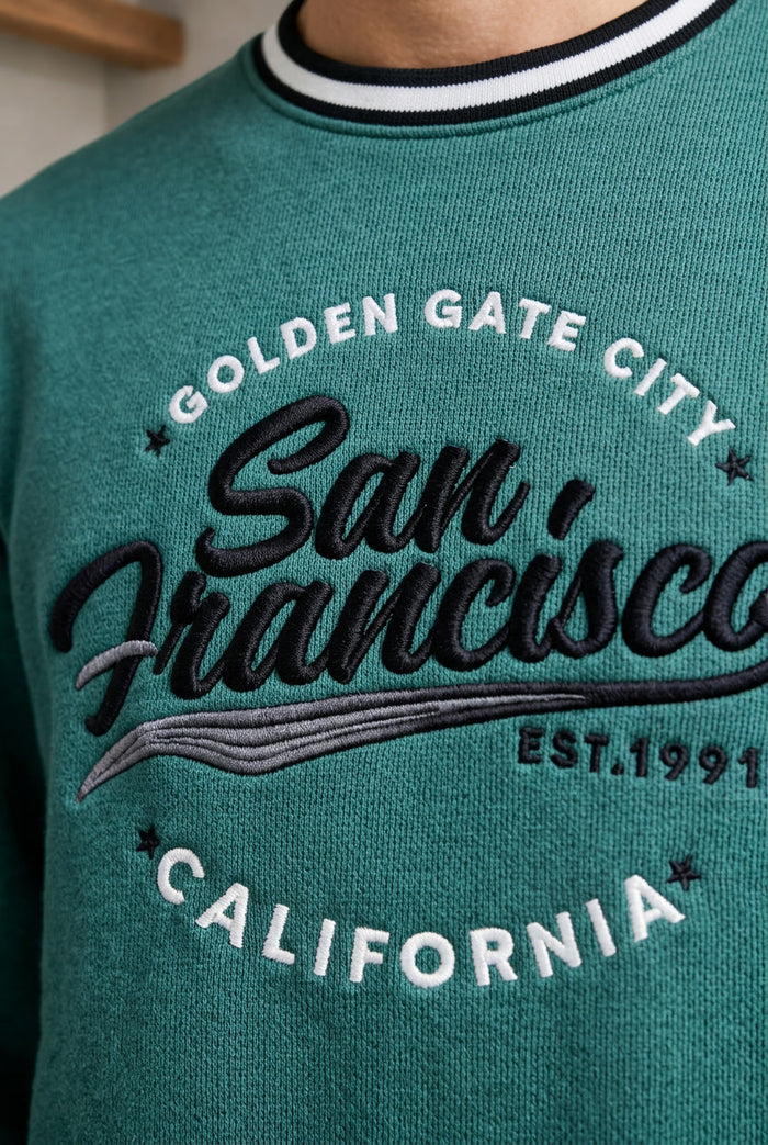 Men’s Pine Green Cotton Brushed Fleece Graphic Sweatshirt – Regular Fit