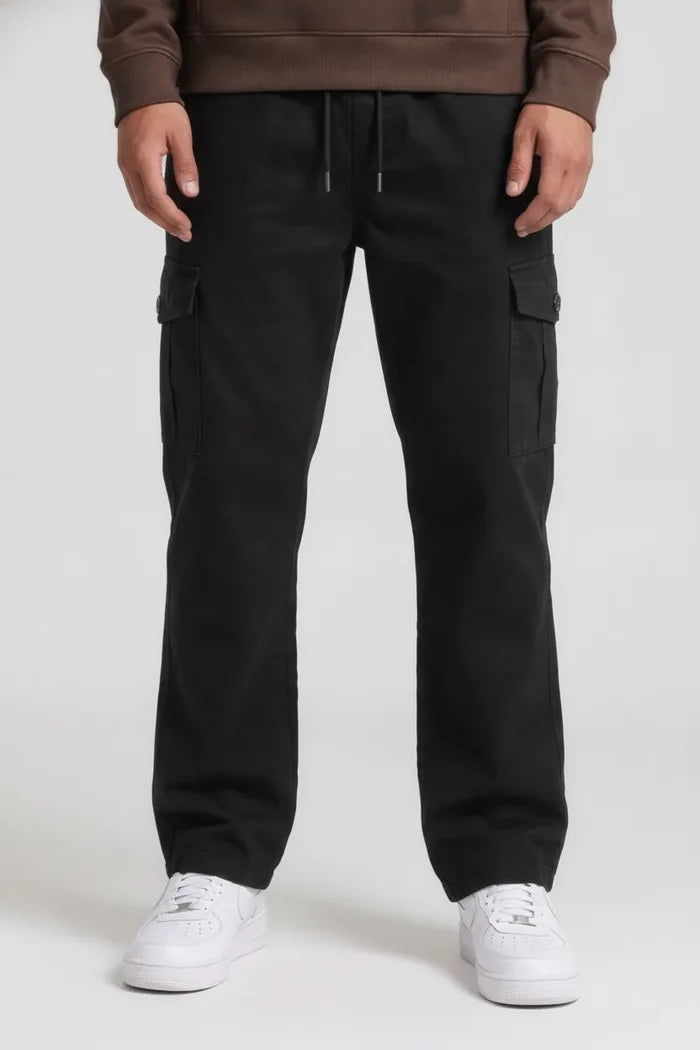 Men’s Poplin Lycra Cargo Lower in Black – Regular Fit Utility Cargo Pants