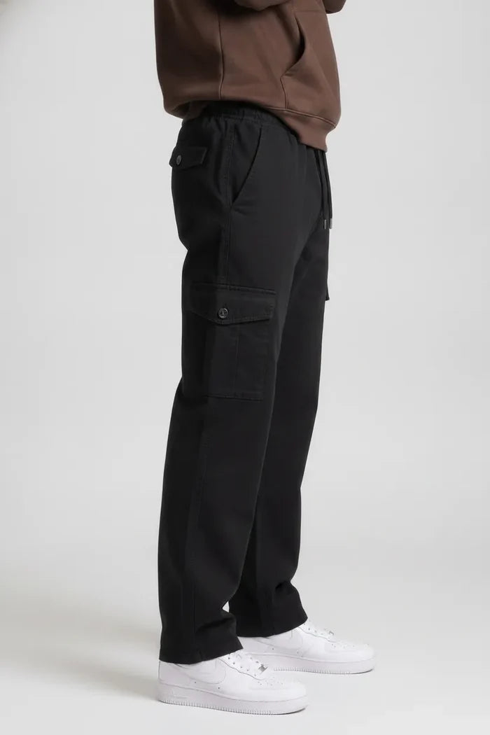 Men’s Poplin Lycra Cargo Lower in Black – Regular Fit Utility Cargo Pants
