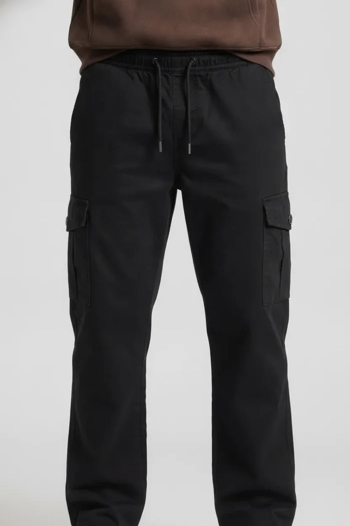 Men’s Poplin Lycra Cargo Lower in Black – Regular Fit Utility Cargo Pants