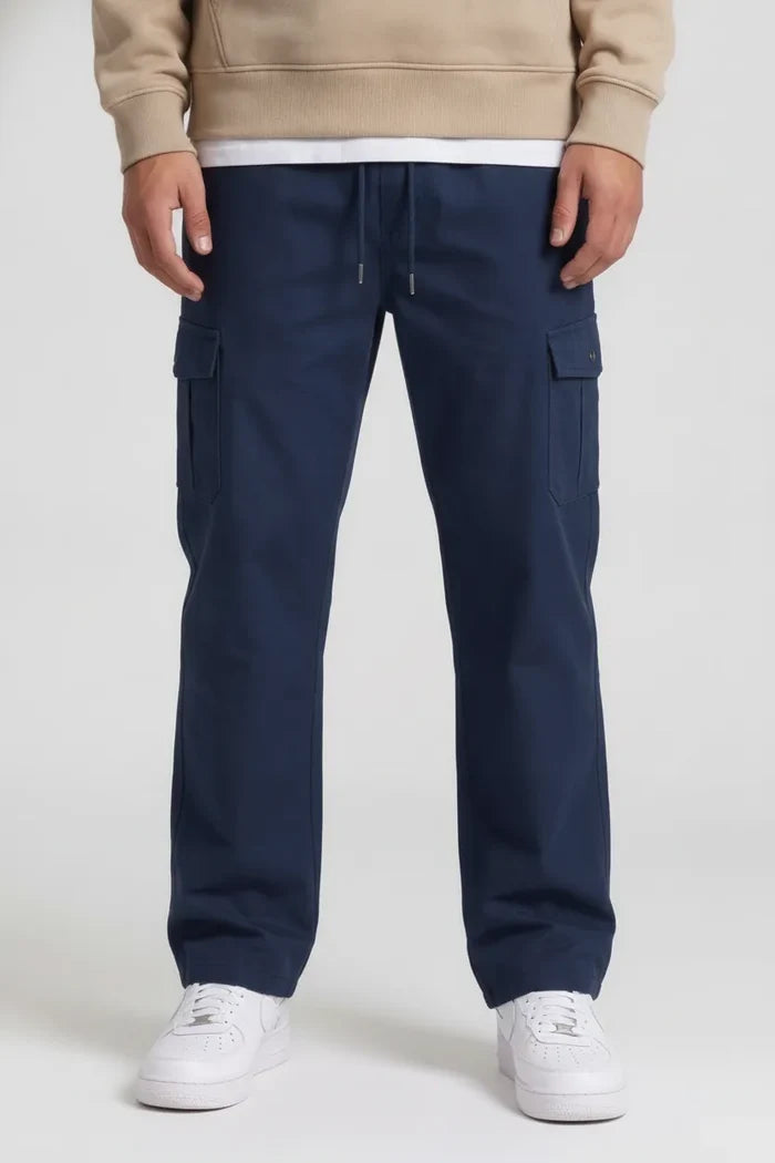 Men’s Poplin Lycra Cargo Lower in Navy – Regular Fit Utility Cargo Pants