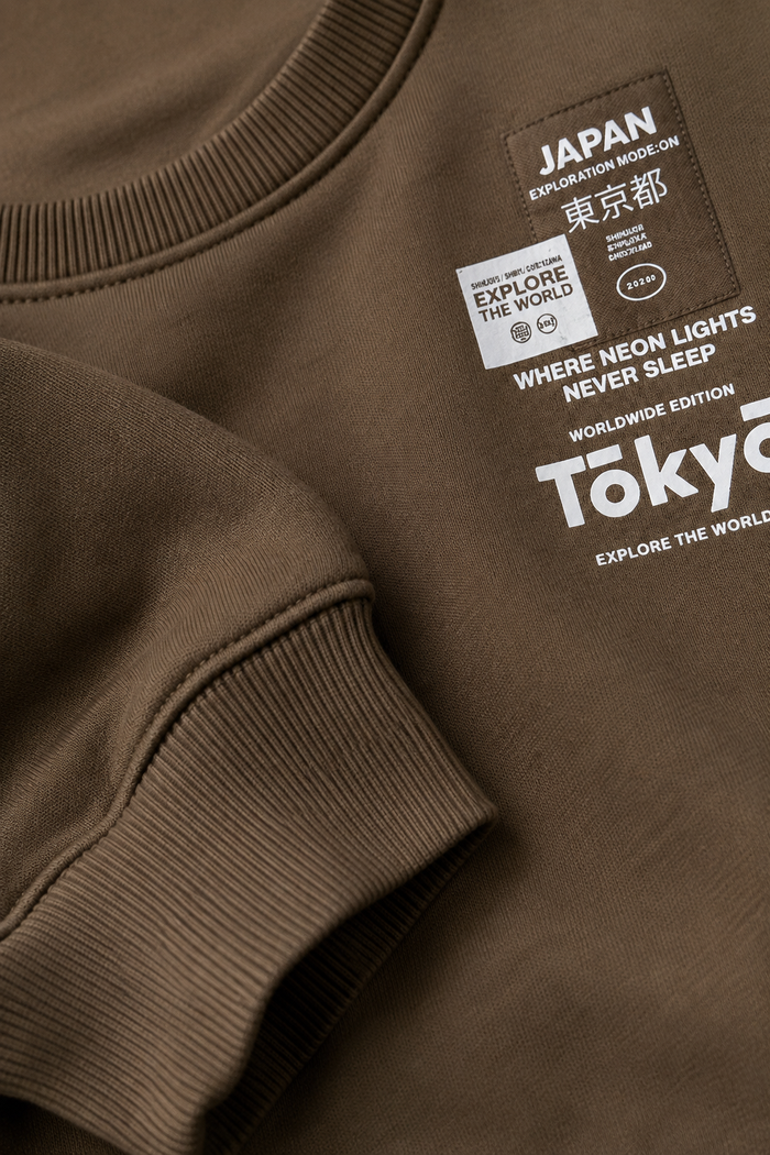Men's Regular Fit Cocoa Brown Brushed Cotton Fleece Sweatshirt with Tokyo Graphic Print