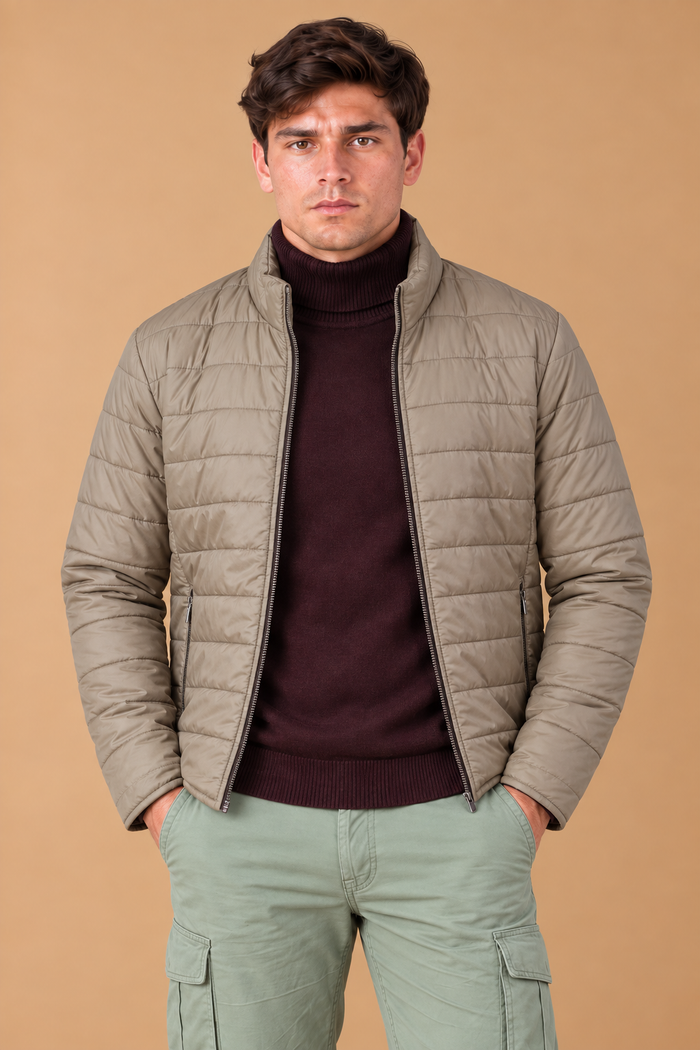 Men’s Reversible Puffer Jacket – Espresso & Khakhi Grey Regular Fit Full-Zip Winter Jacket
