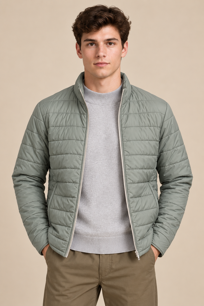 Men’s Reversible Puffer Jacket – Stone & Light Olive  Regular Fit Full-Zip Winter Jacket