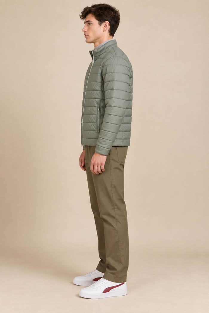 Men’s Reversible Puffer Jacket – Stone & Light Olive  Regular Fit Full-Zip Winter Jacket