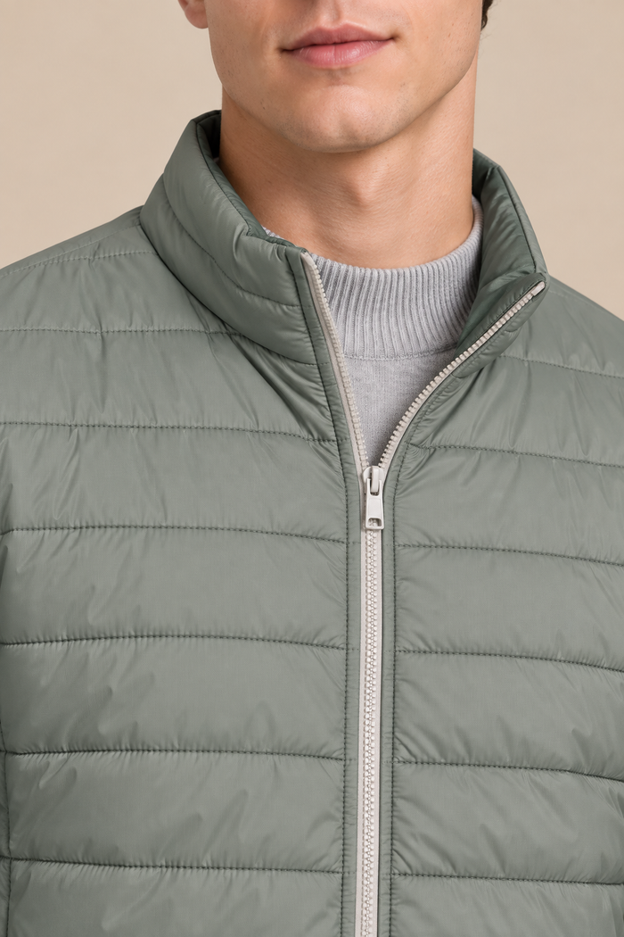 Men’s Reversible Puffer Jacket – Stone & Light Olive  Regular Fit Full-Zip Winter Jacket