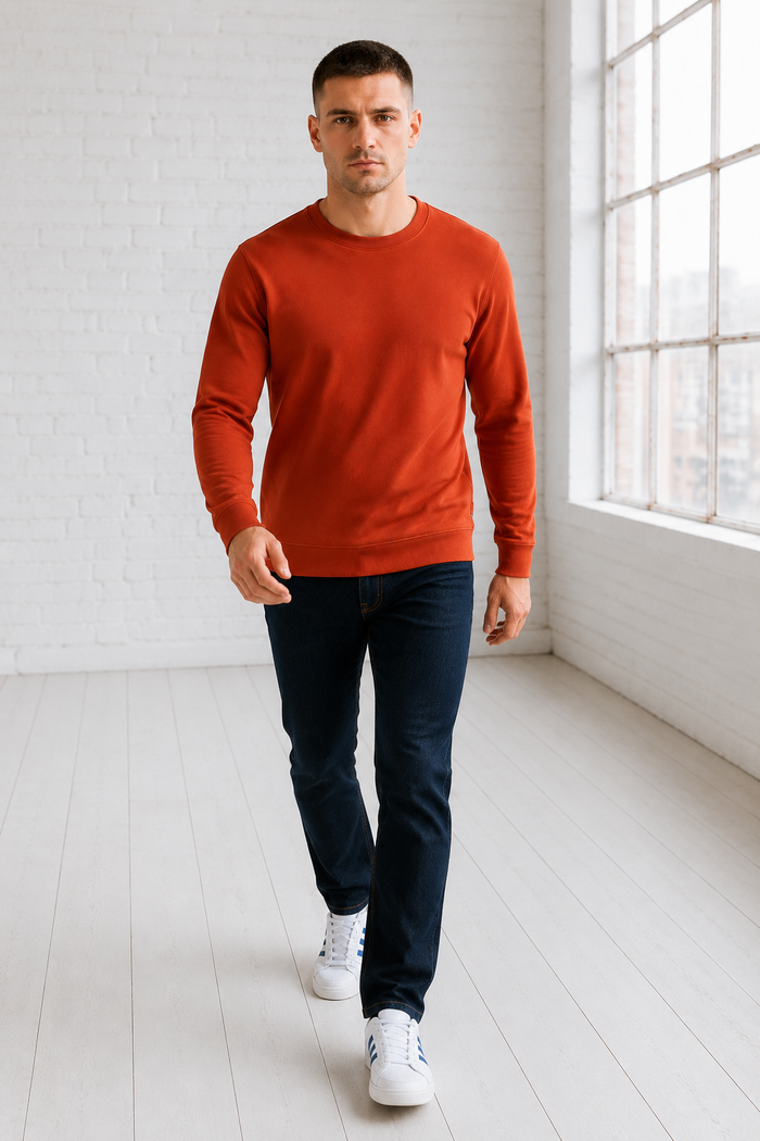 Men’s Rust Flat Back Rib Knit Full Sleeve Pre-Winter Sweatshirts