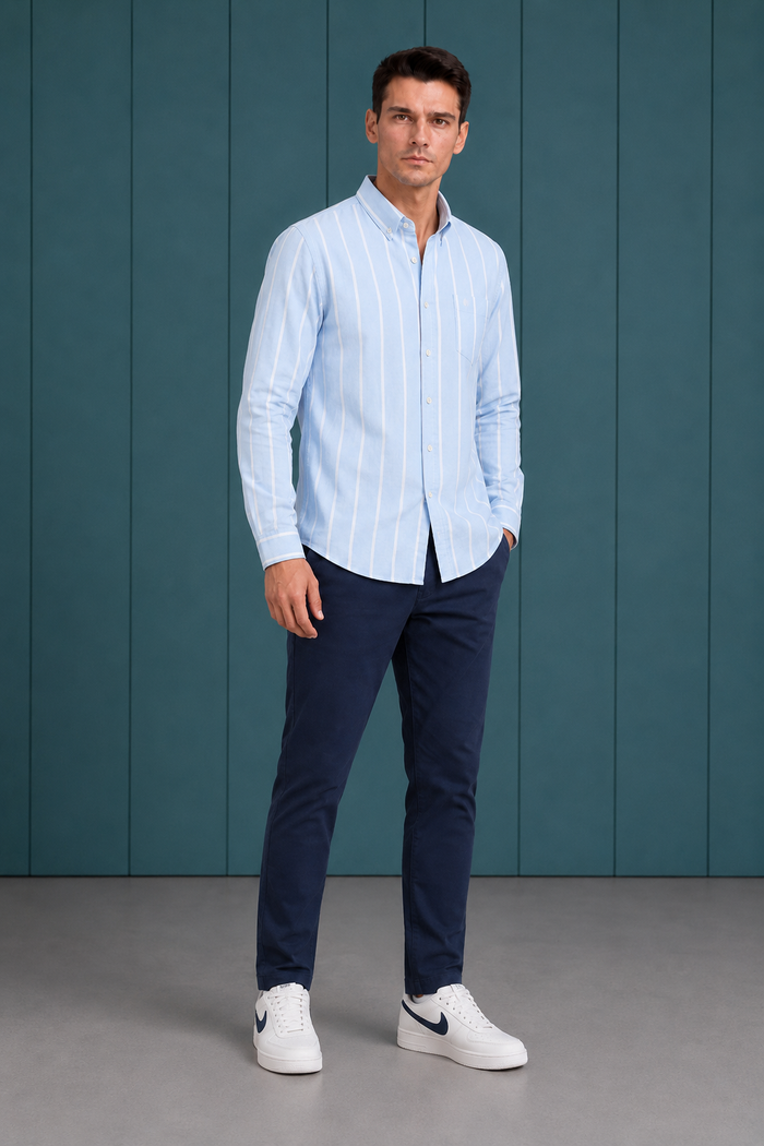 Men’s Sky Oxford Stripe Full Sleeve Shirt | Button-Down Collar Regular Fit