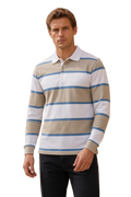 Men’s Stone Rugby Stripe Full Sleeve Polo T-Shirt | Cotton Blended Seersucker Fabric