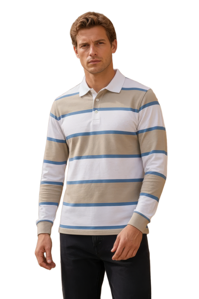 Men’s Stone Rugby Stripe Full Sleeve Polo T-Shirt | Cotton Blended Seersucker Fabric