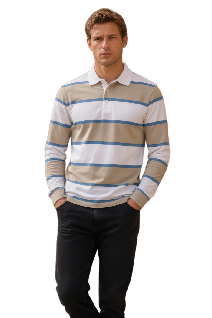 Men’s Stone Rugby Stripe Full Sleeve Polo T-Shirt | Cotton Blended Seersucker Fabric