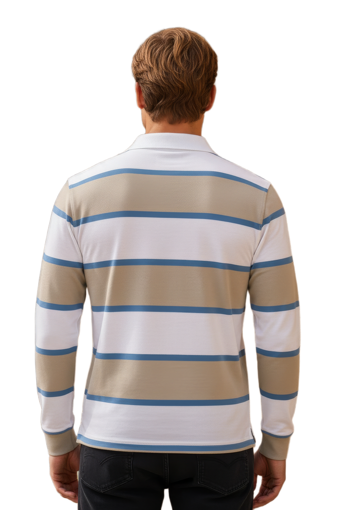 Men’s Stone Rugby Stripe Full Sleeve Polo T-Shirt | Cotton Blended Seersucker Fabric