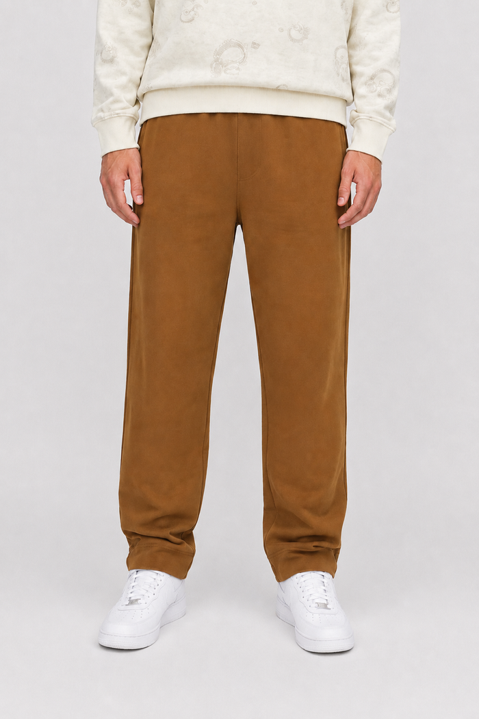 Men’s Tan Brushed Cotton Fleece Winter Lower – Regular Fit Knitted Track Pants with Side Stripes