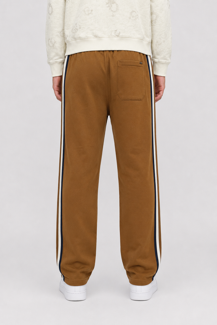 Men’s Tan Brushed Cotton Fleece Winter Lower – Regular Fit Knitted Track Pants with Side Stripes
