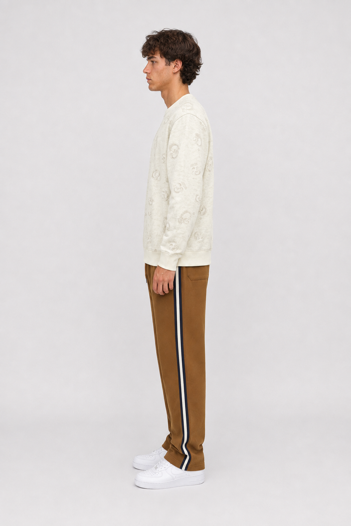 Men’s Tan Brushed Cotton Fleece Winter Lower – Regular Fit Knitted Track Pants with Side Stripes