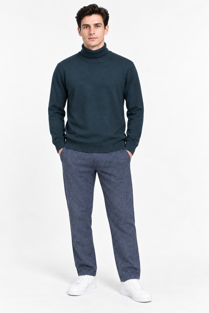 Men’s Teal Cotton Turtleneck Sweater – Regular Fit Full Sleeve Knitted Pullover
