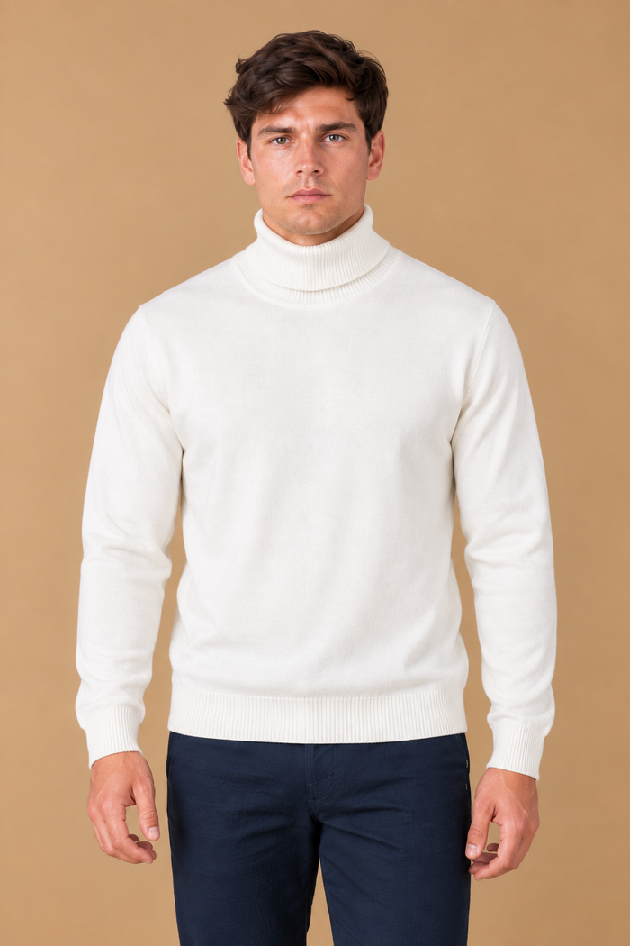 Men’s White Cotton Turtleneck Sweater – Regular Fit Full Sleeve Knitted Pullover