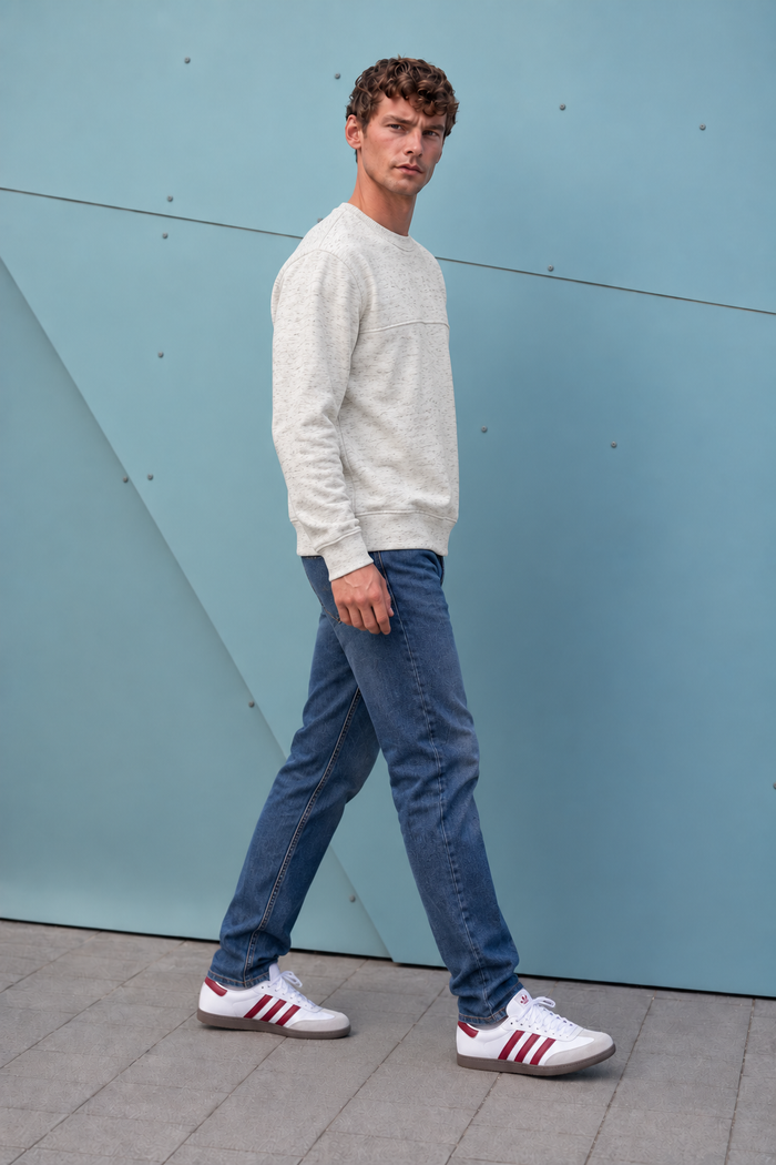 Men’s White Melange Cotton Brushed Fleece Sweatshirt – Regular Fit