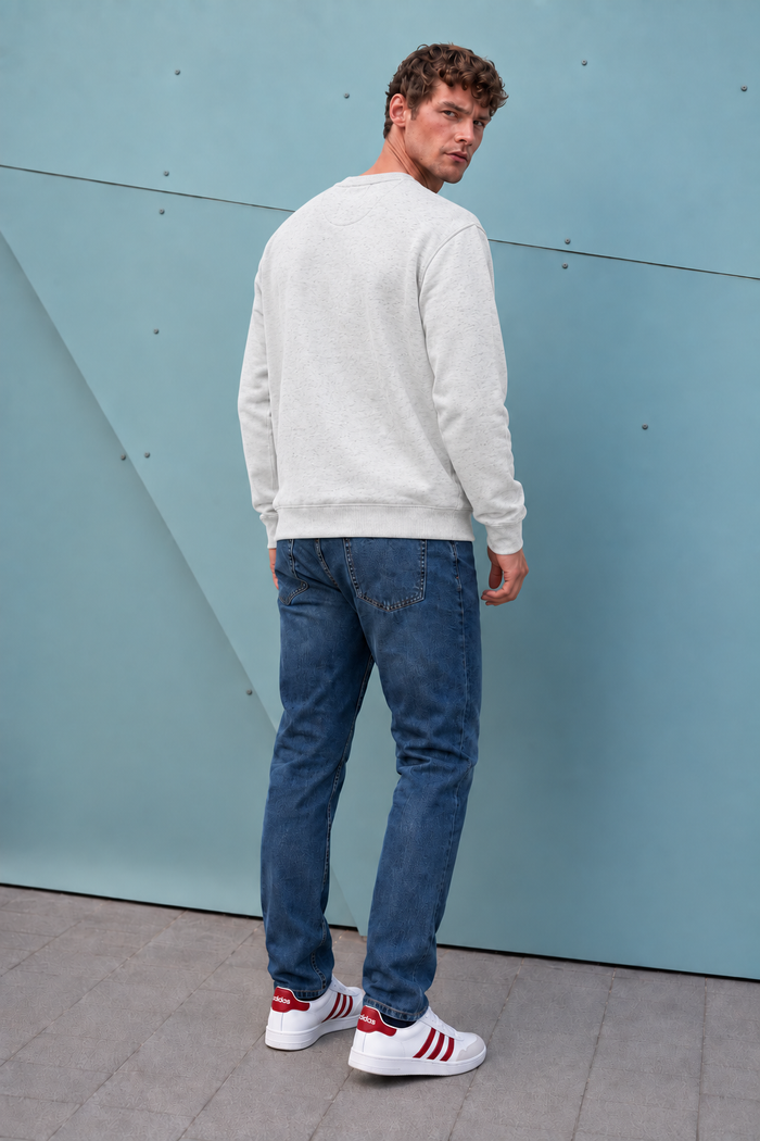 Men’s White Melange Cotton Brushed Fleece Sweatshirt – Regular Fit