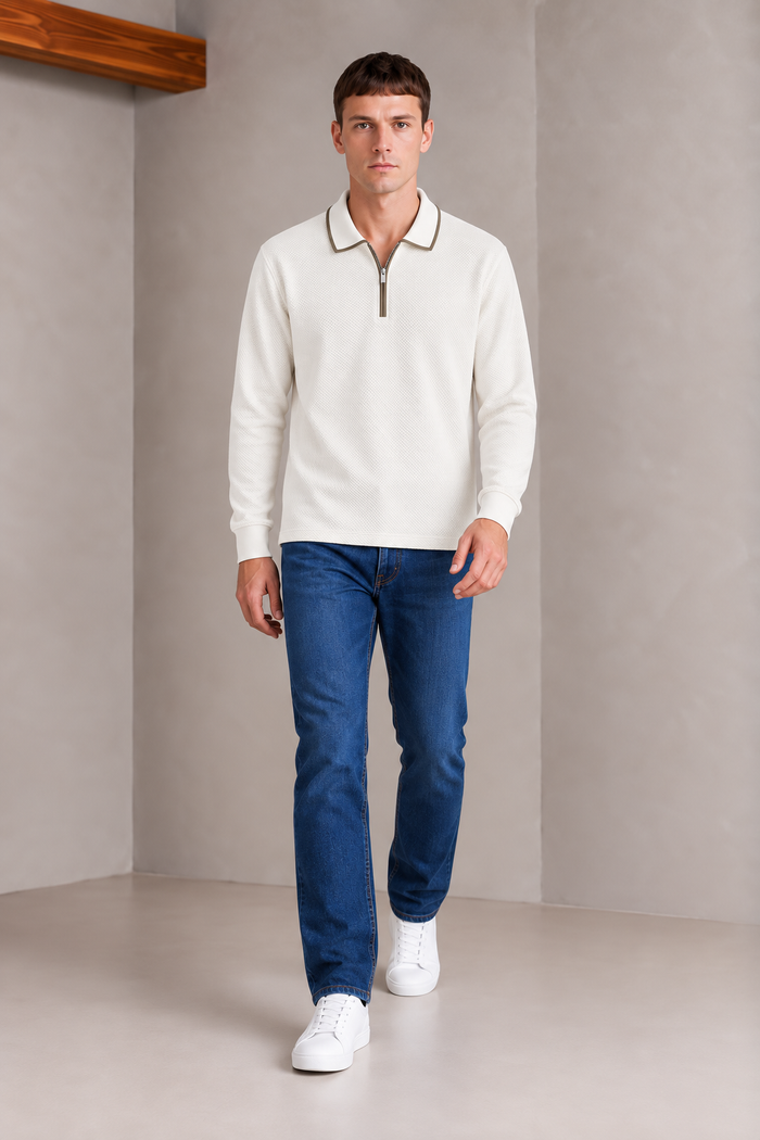 Men’s White Popcorn Textured Pre-Winter Polo T-Shirt – Regular Fit Full Sleeve Half-Zip
