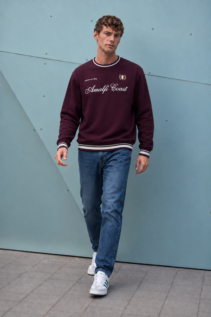 Men’s Wine Cotton Brushed Fleece Crew Neck Sweatshirt – Regular Fit