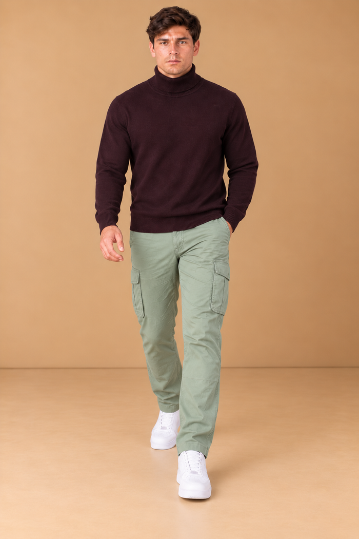 Men’s Wine Cotton Turtleneck Sweater – Regular Fit Full Sleeve Knitted Pullover