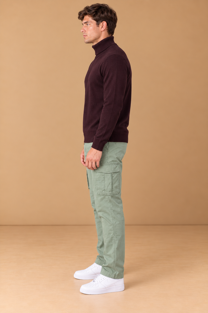 Men’s Wine Cotton Turtleneck Sweater – Regular Fit Full Sleeve Knitted Pullover