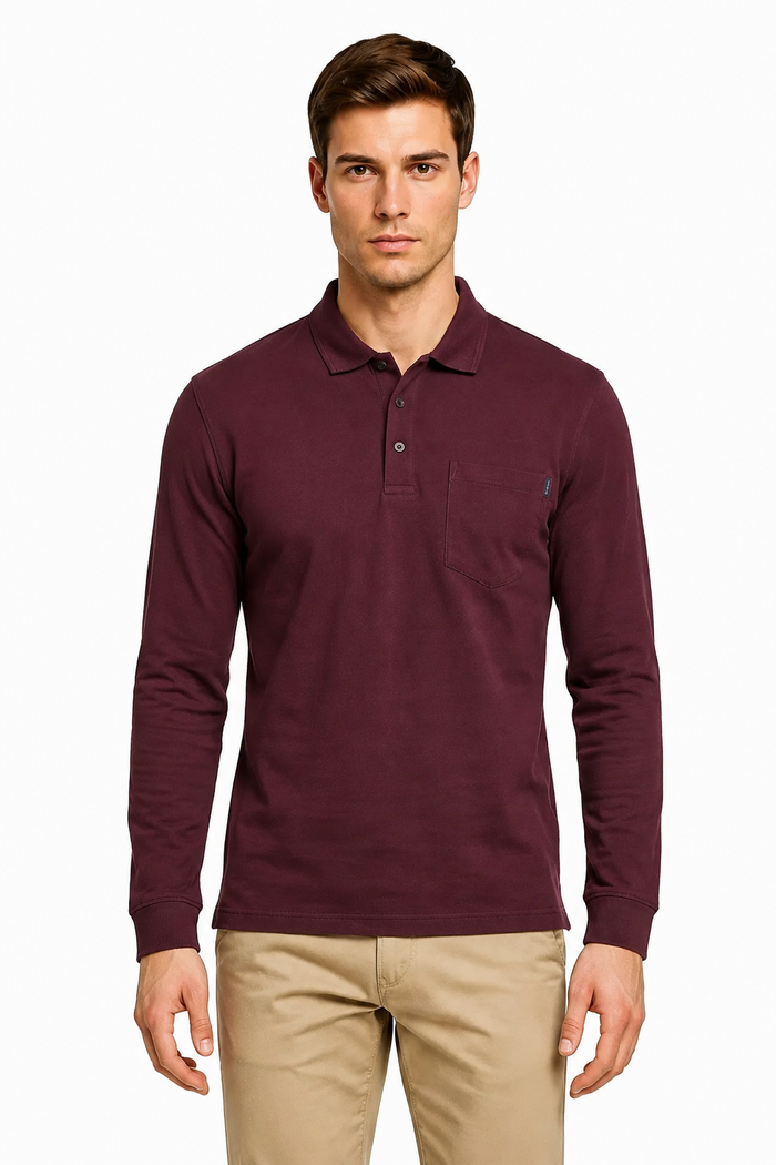 Men's Wine Full Sleeve Cotton Pique Polo T-Shirt | Premium Pre-Winter Casual Polo