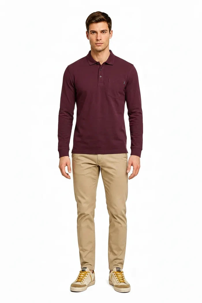 Men's Wine Full Sleeve Cotton Pique Polo T-Shirt | Premium Pre-Winter Casual Polo