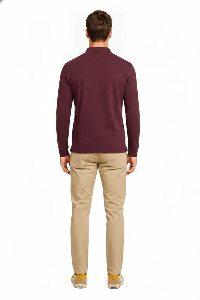 Men's Wine Full Sleeve Cotton Pique Polo T-Shirt | Premium Pre-Winter Casual Polo