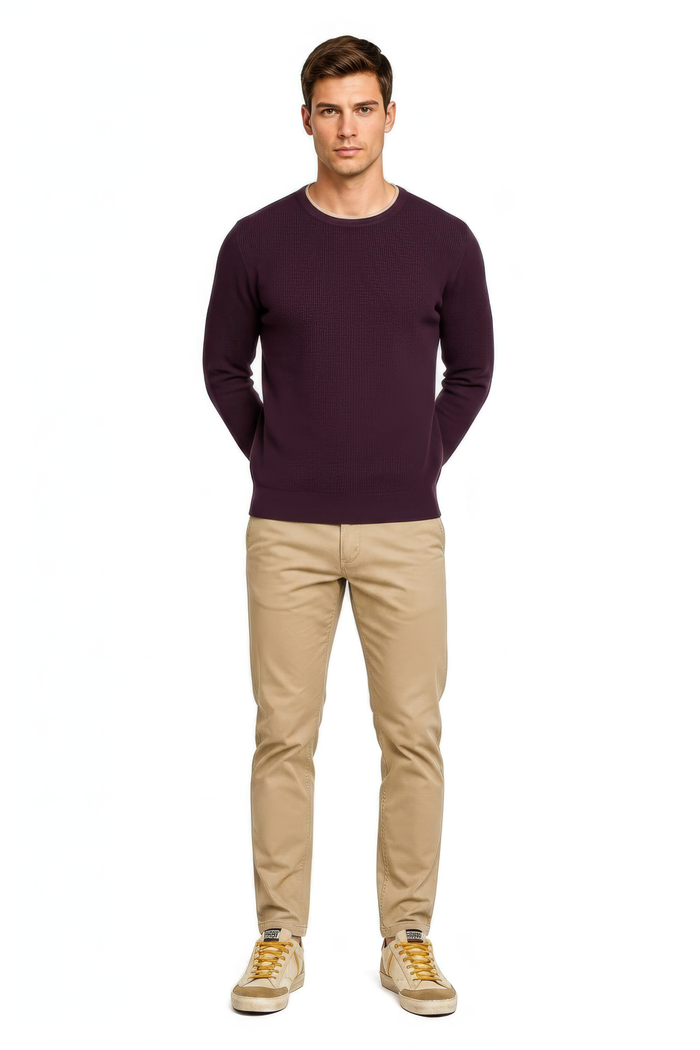 Men’s Wine Structured Cotton Round-Neck Full-Sleeve Winter Top