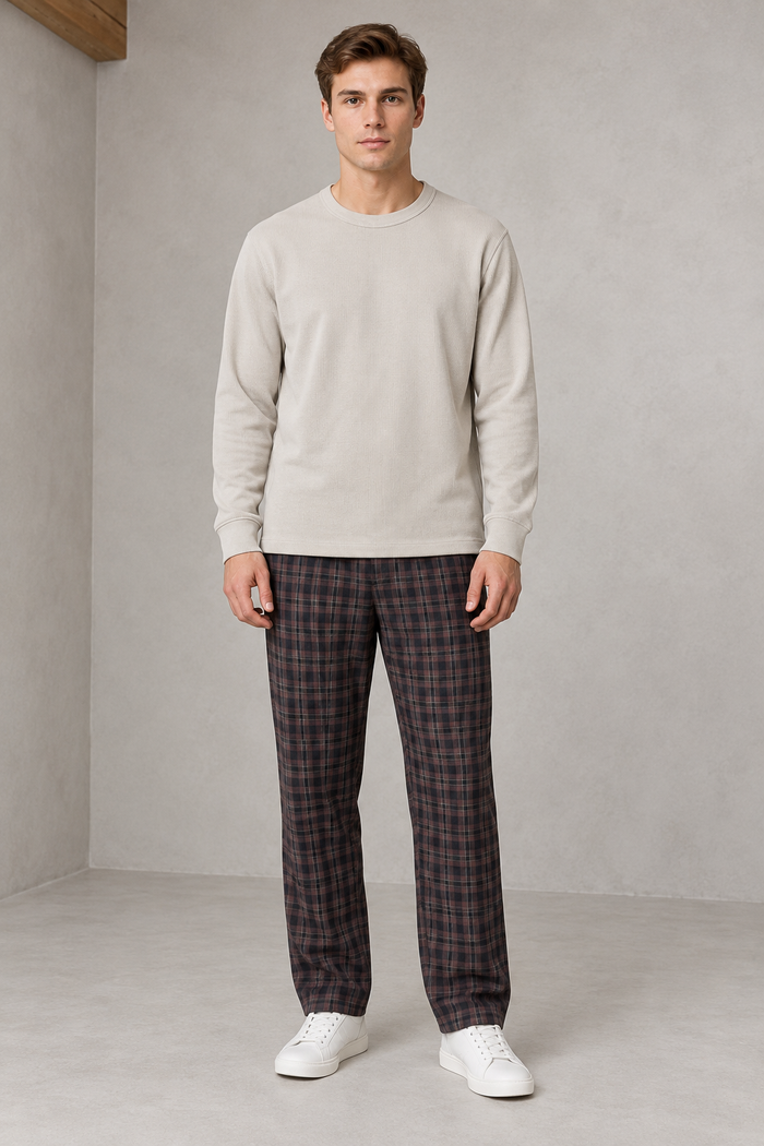 Men’s Yarn-Dyed Brushed Check Lower in Brown – Regular Fit Winter Trousers