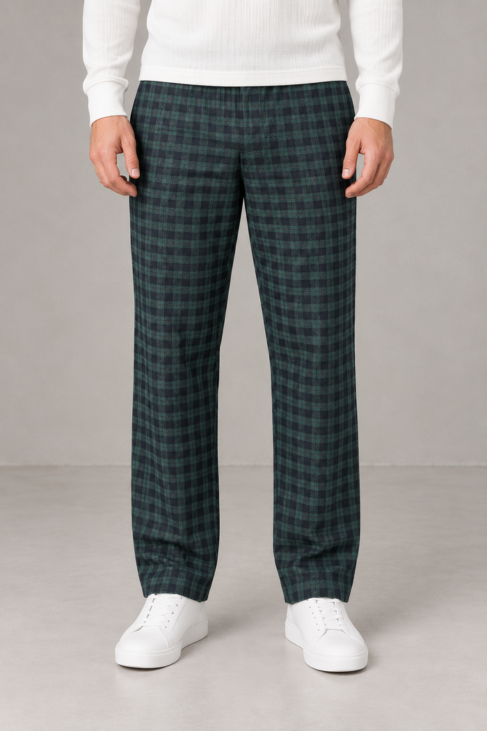 Men’s Yarn-Dyed Brushed Check Lower in Olive– Regular Fit Winter Trousers