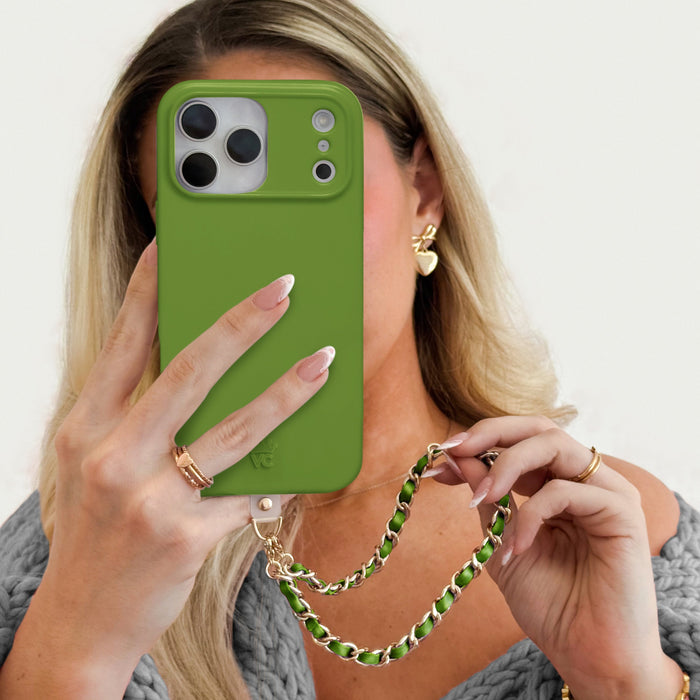 Metallic Green Leather Chain Phone Charm – Cute Aesthetic Phone Accessory