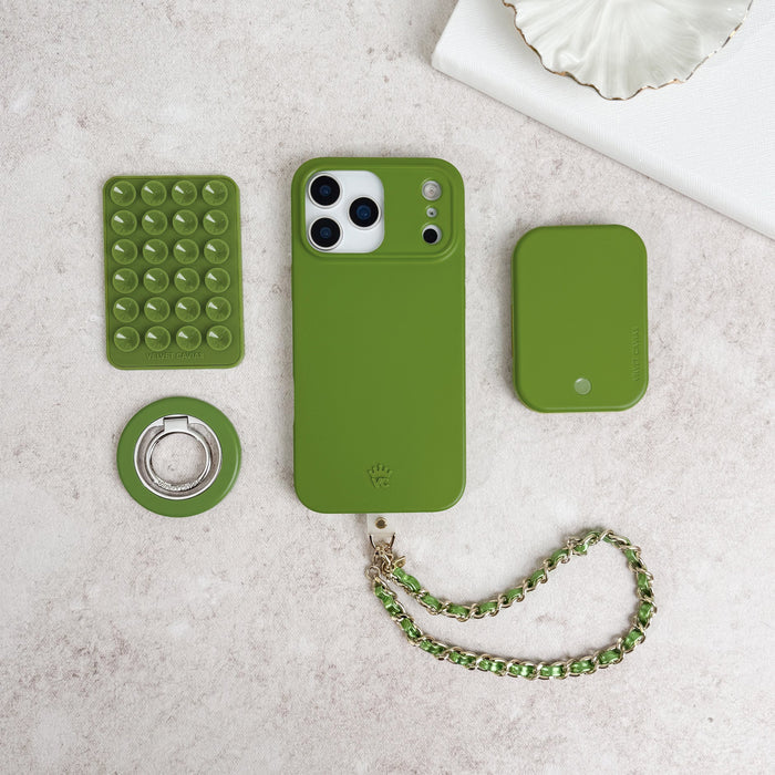 Metallic Green Leather Chain Phone Charm – Cute Aesthetic Phone Accessory