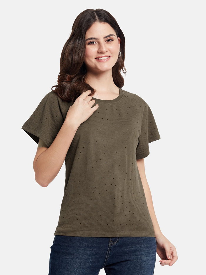 METTLE  Cut Outs Round Neck Casual T-shirt