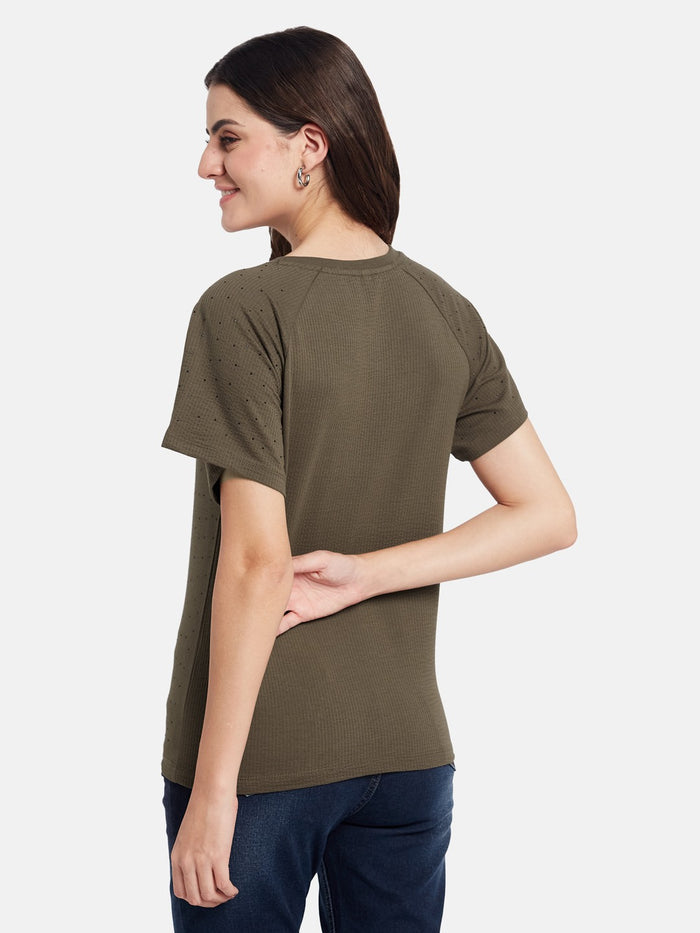 METTLE  Cut Outs Round Neck Casual T-shirt