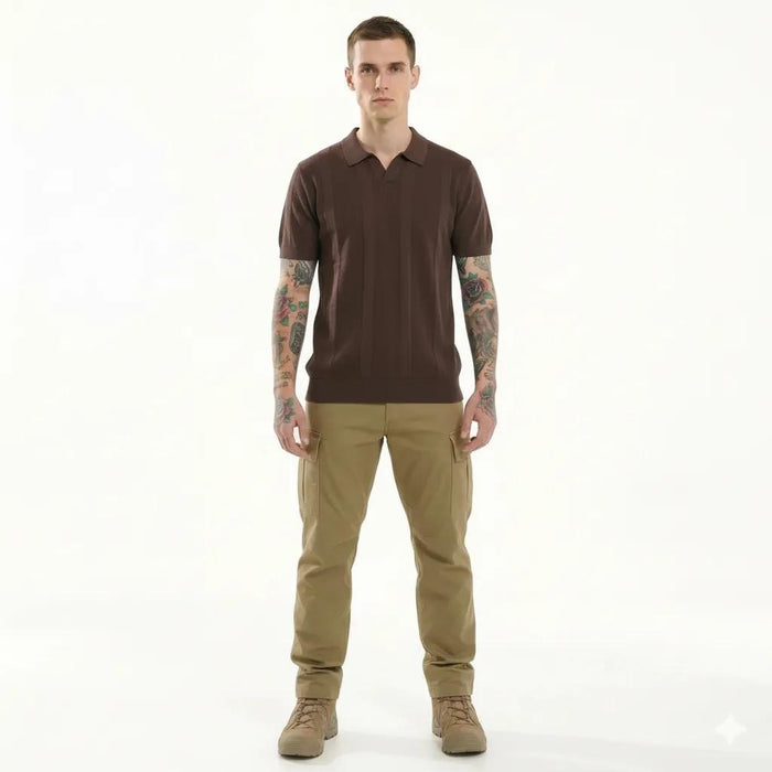 METTLE Men Coffee Striped Polo Collar T-shirt