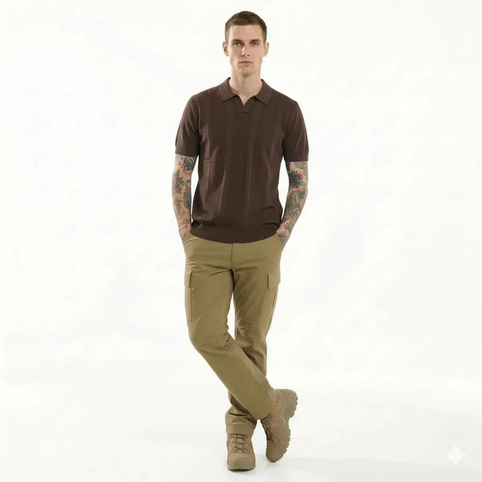 METTLE Men Coffee Striped Polo Collar T-shirt