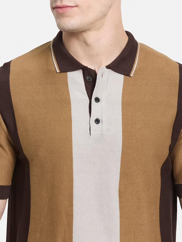 METTLE Men Colourblocked Polo Collar Cotton T-shirt