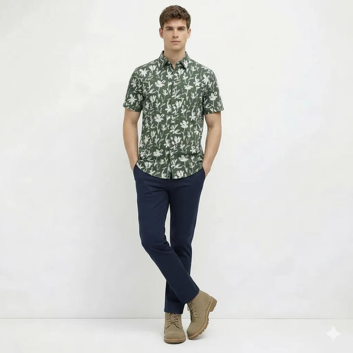 METTLE Men Mountain Green Floral Printed Casual Shirt