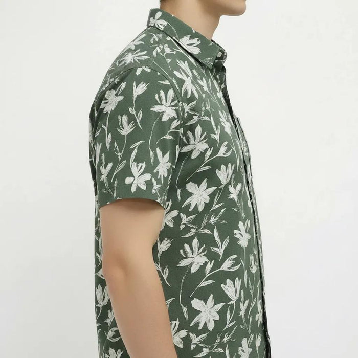 METTLE Men Mountain Green Floral Printed Casual Shirt