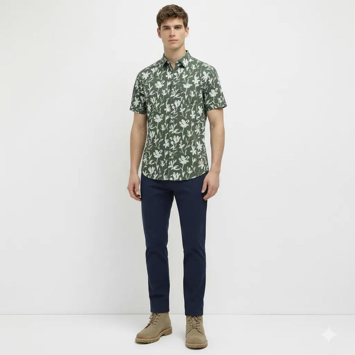 METTLE Men Mountain Green Floral Printed Casual Shirt