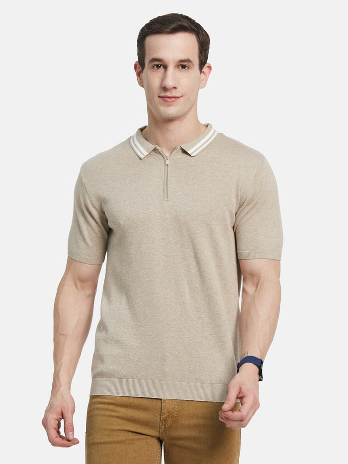 METTLE Men Solid Polo Collar Cotton T-shirt