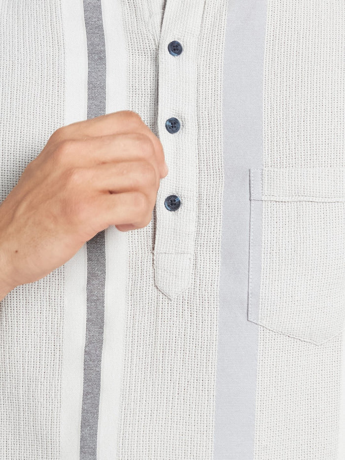METTLE Men Striped Mandarin Collar Cotton T-shirt