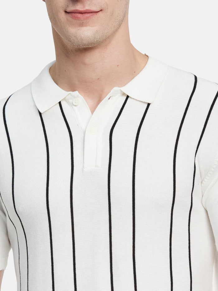 METTLE Men Striped Polo Collar Cotton T-shirt