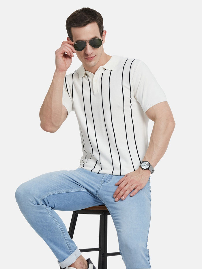 METTLE Men Striped Polo Collar Cotton T-shirt