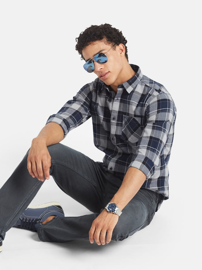 METTLE Men Tartan Checked Spread Collar Cotton Casual Shirt