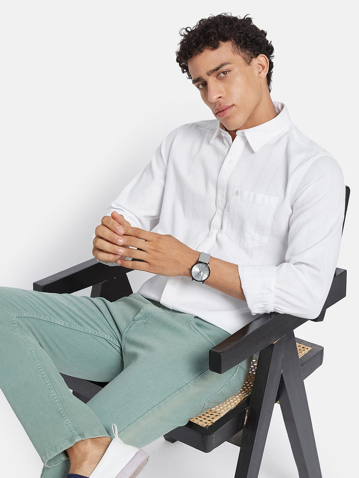 METTLE Men Textured Spread Collar Cotton Casual Shirt