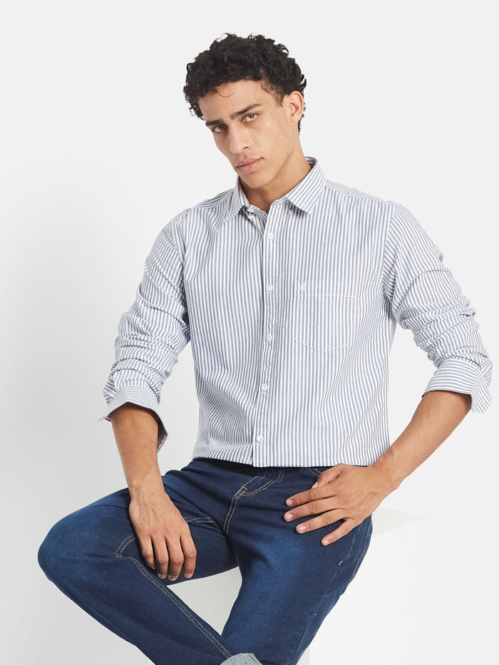METTLE Men Vertical Striped Button-Down Collar Cotton Casual Shirt